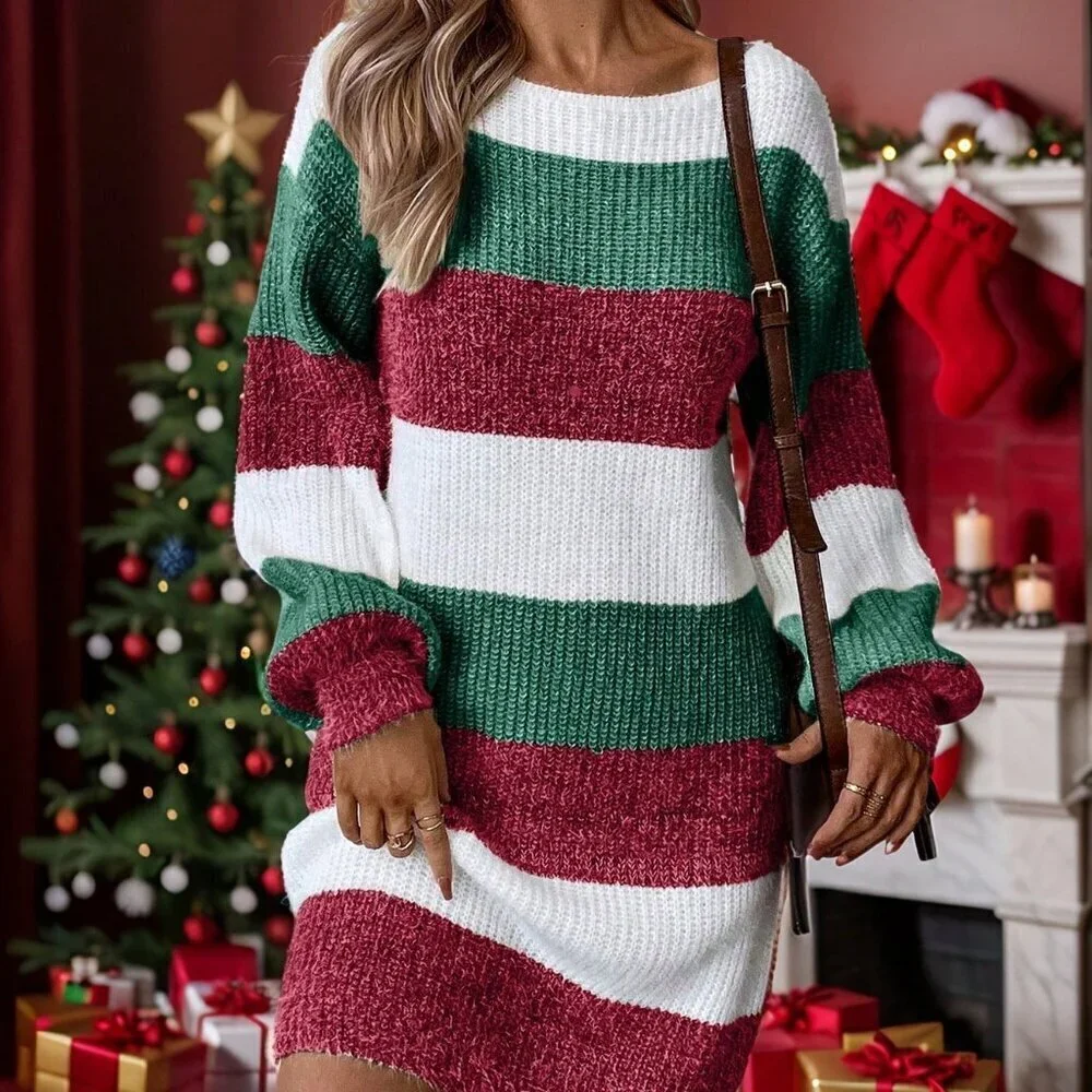 Multicolor Casual Women's Color lock Striped Lantern Sleeve Sweater Dress